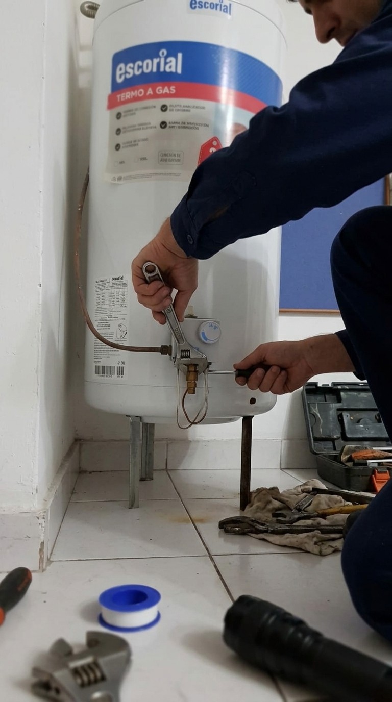 Profesional ajustando la válvula de un termotanque a gas con una llave