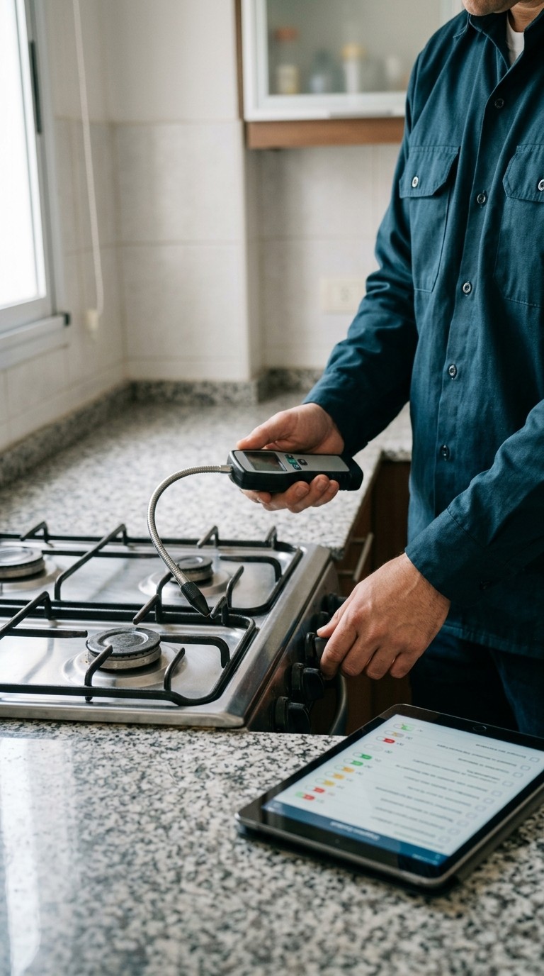 Profesional revisando una cocina a gas con un detector, junto a una tablet con el informe